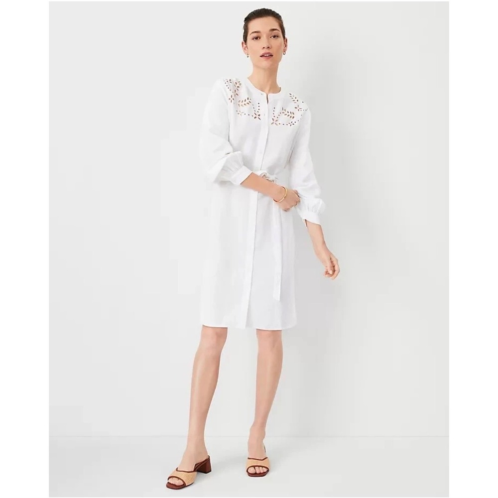 Ann Taylor Weekend Shirt Dress L White Linen Eyelet Coastal Summer Cottage Clean